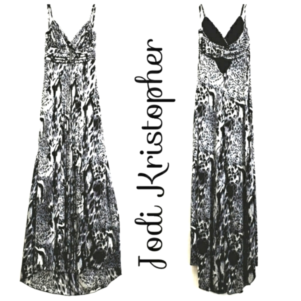 Jodi Kristopher Black & Silver Beaded Ruched Bodice Animal Print Maxidress